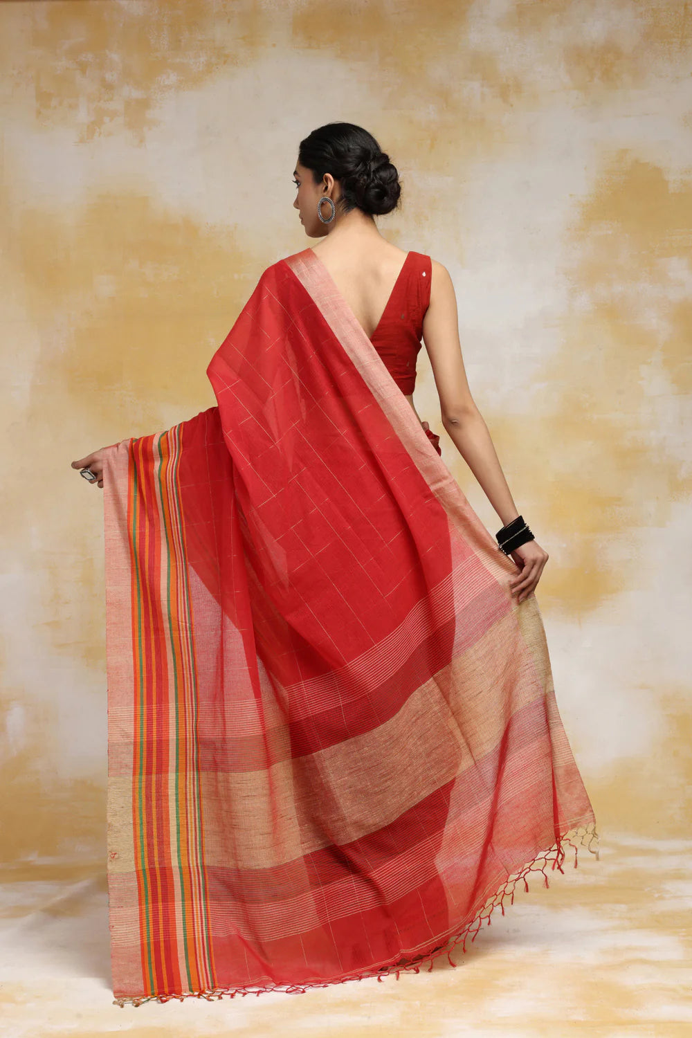 Handloom Red Pure Cotton Saree With Multi Colour Border