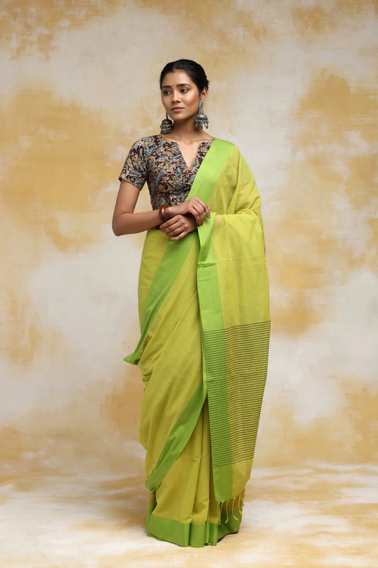 Handloom Lemon Pure Cotton Saree With Green Border