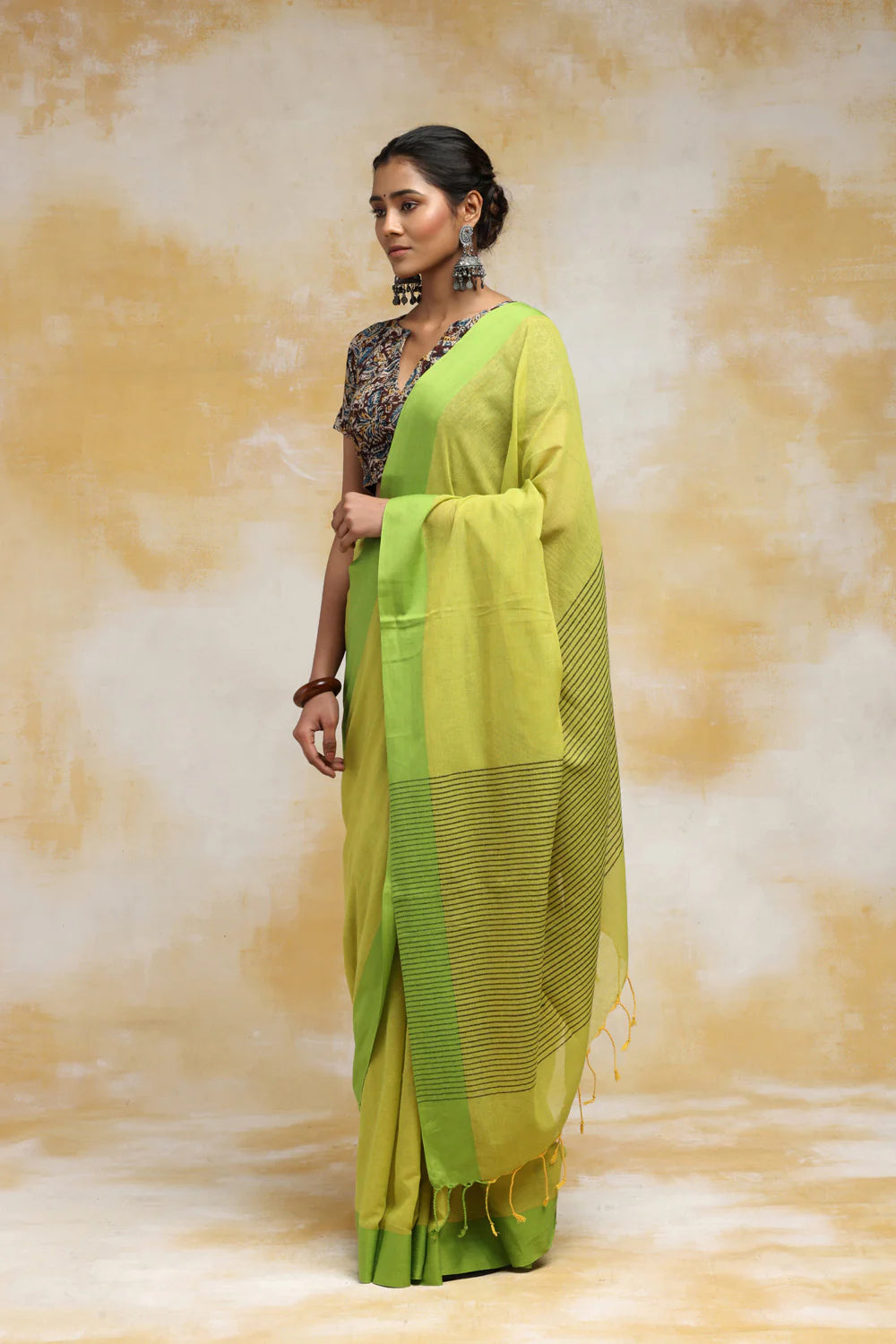 Handloom Lemon Pure Cotton Saree With Green Border