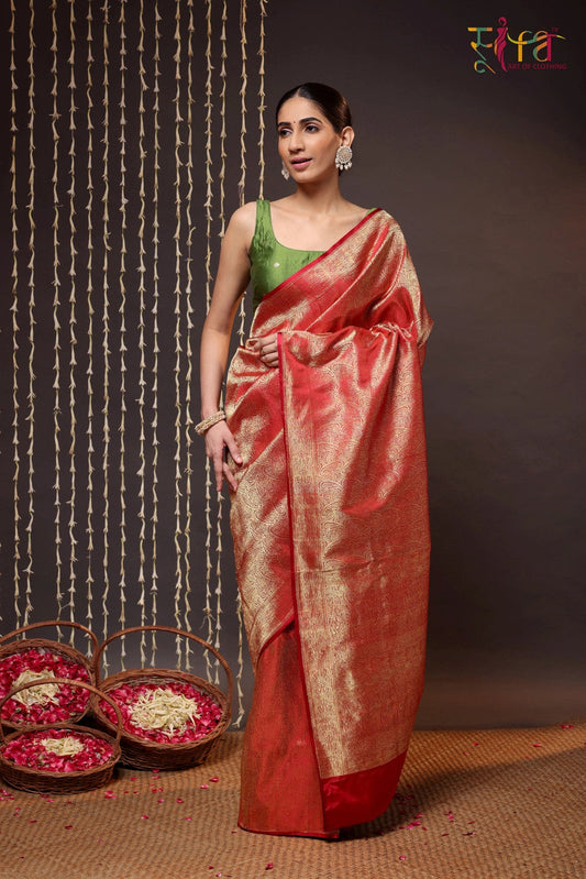 Ruby Red Handloom Pure Silk Tanchoi Saree