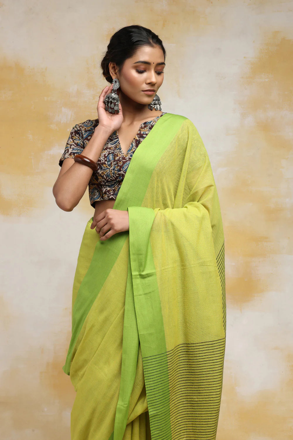 Handloom Lemon Pure Cotton Saree With Green Border