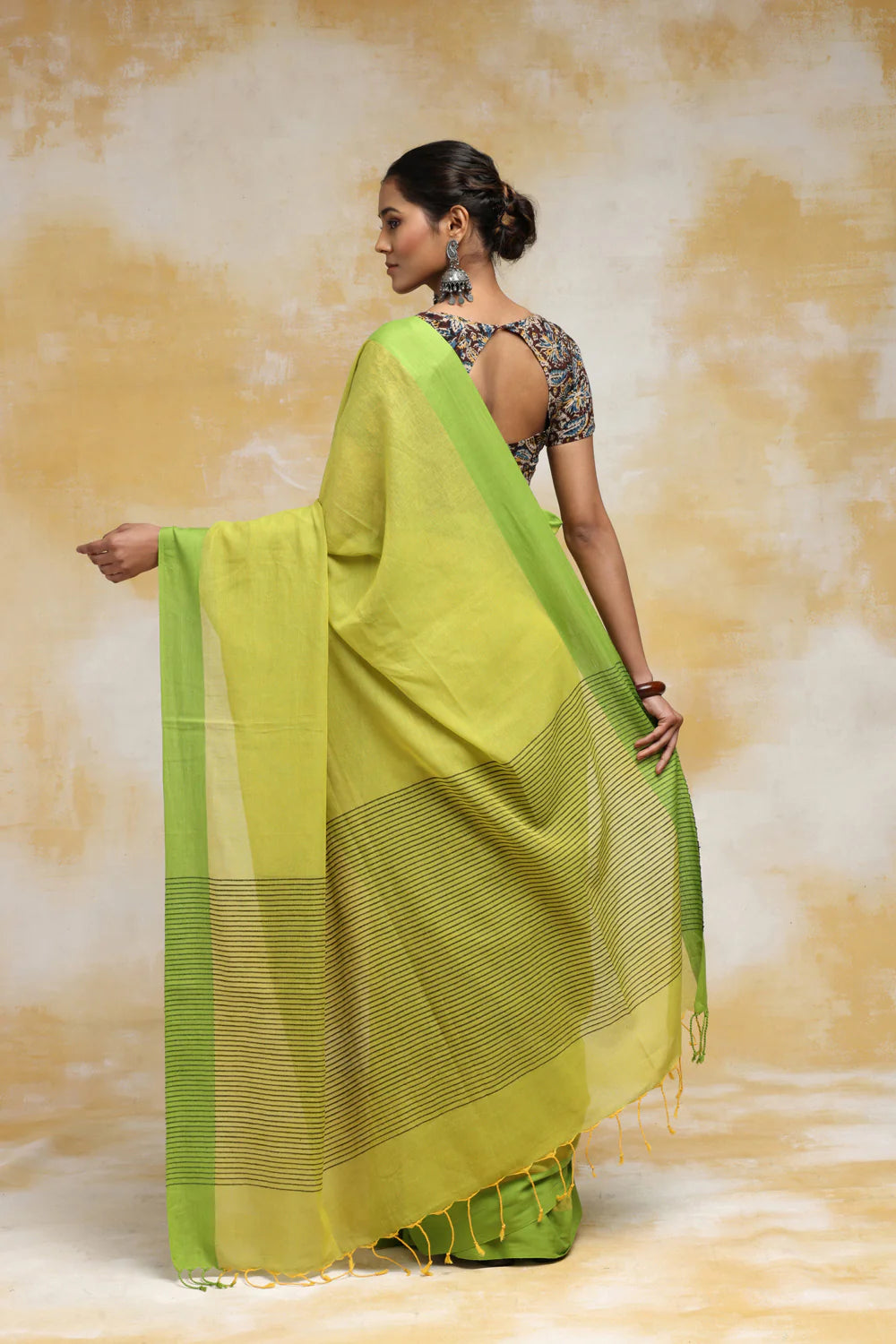 Handloom Lemon Pure Cotton Saree With Green Border