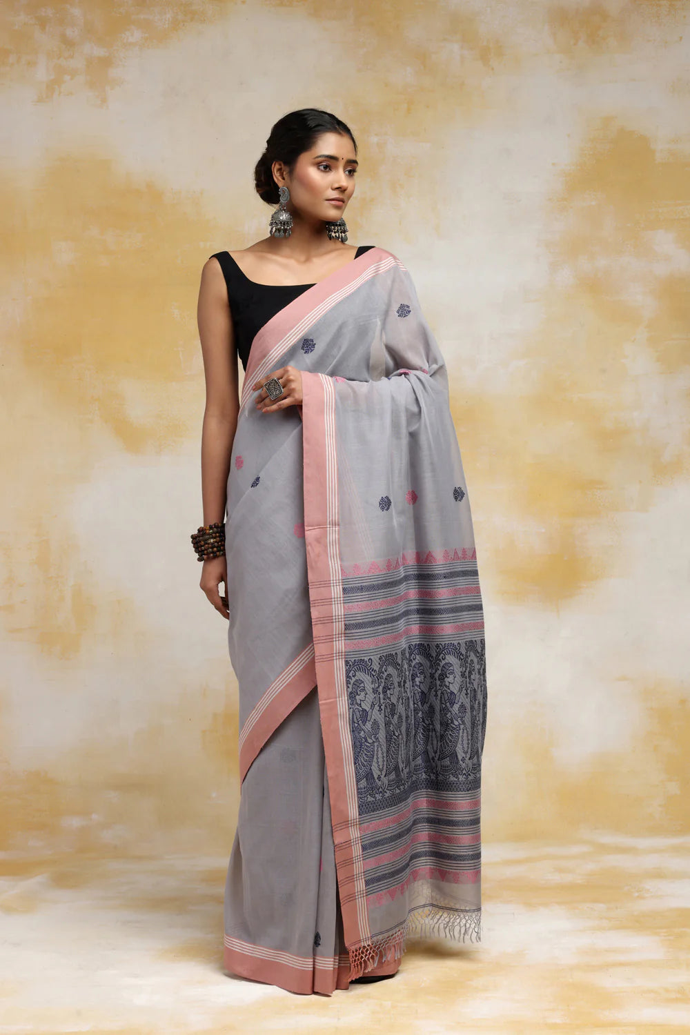 Handloom Stone Blue Soft Cotton Baluchuri Saree