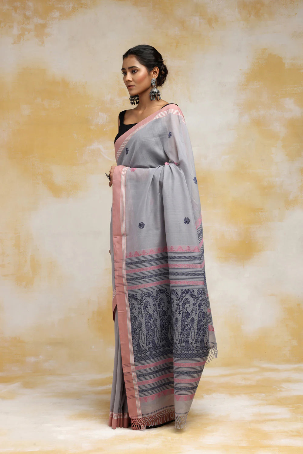 Handloom Stone Blue Soft Cotton Baluchuri Saree