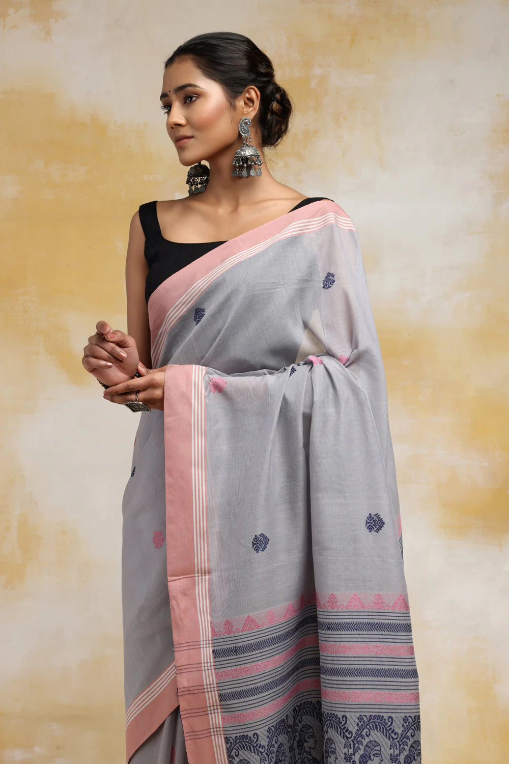 Handloom Stone Blue Soft Cotton Baluchuri Saree