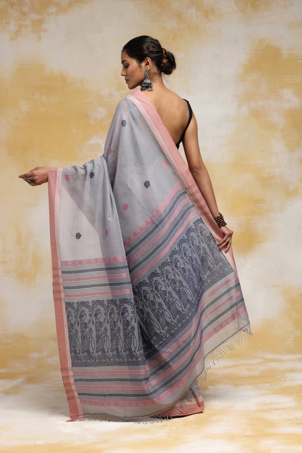 Handloom Stone Blue Soft Cotton Baluchuri Saree