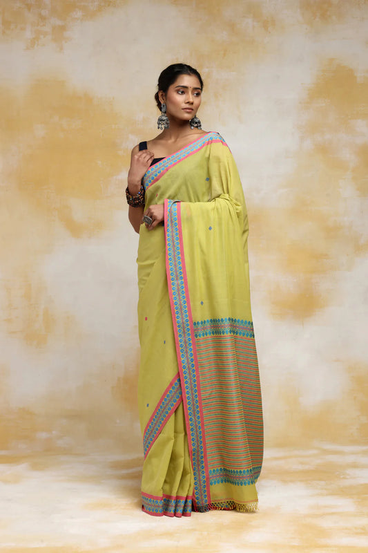 Handloom Yellow Green Soft Cotton Saree