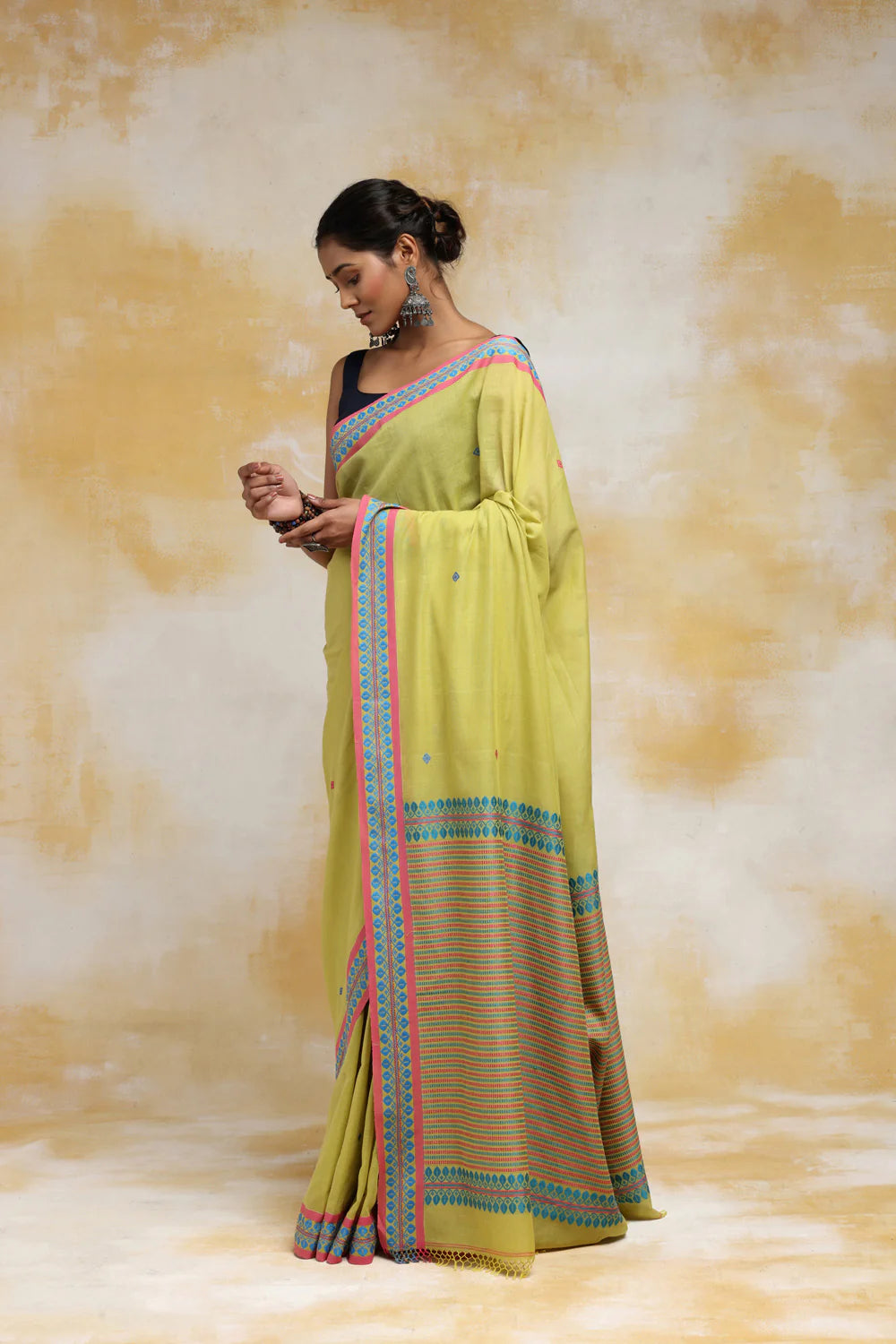 Handloom Yellow Green Soft Cotton Saree