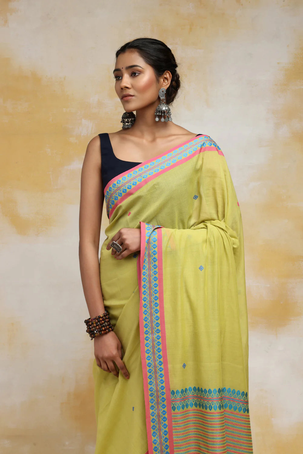 Handloom Yellow Green Soft Cotton Saree