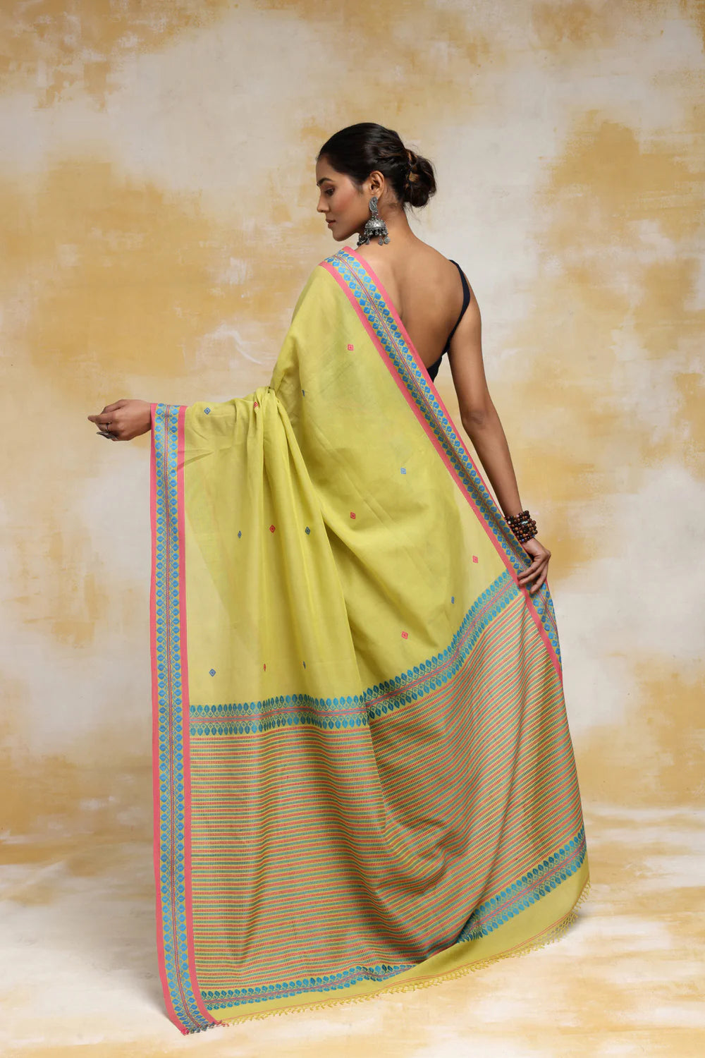 Handloom Yellow Green Soft Cotton Saree