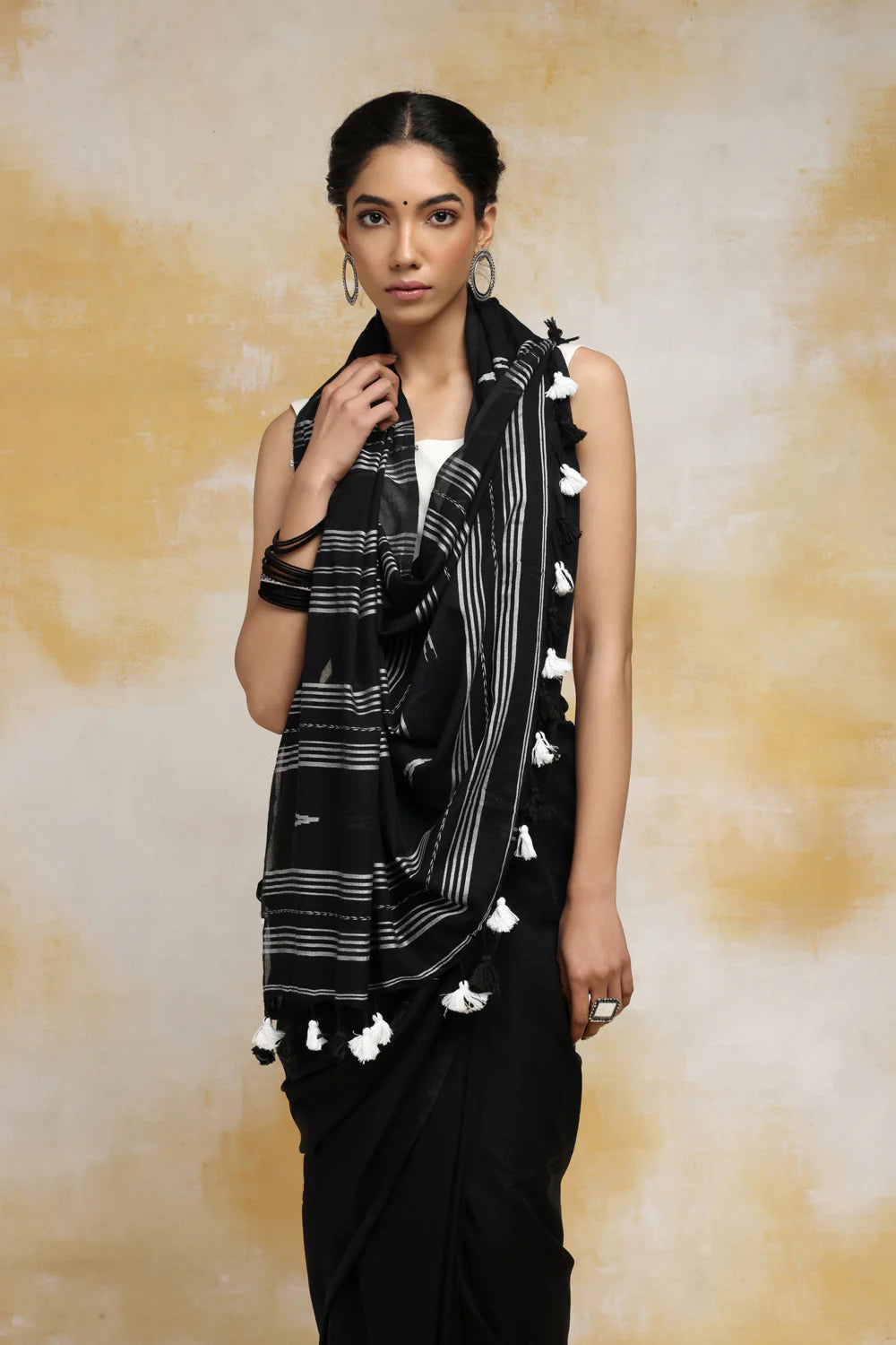 Handloom Black  Mulmul Cotton Saree With White Tassels