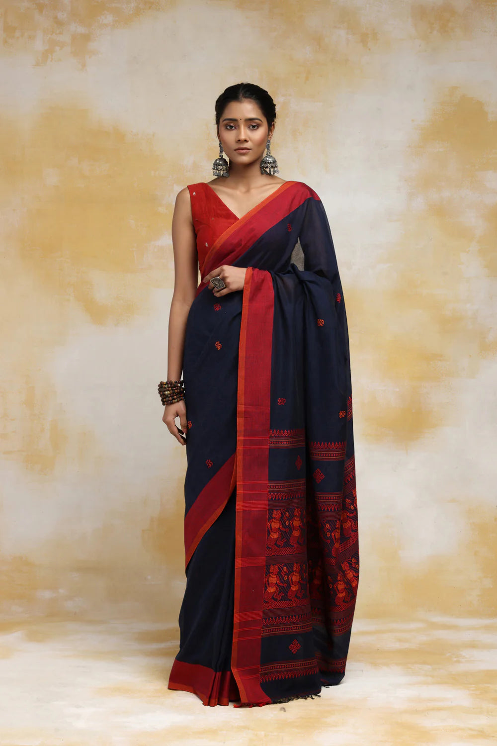 Handloom Navy Blue Soft Cotton Baluchuri Saree