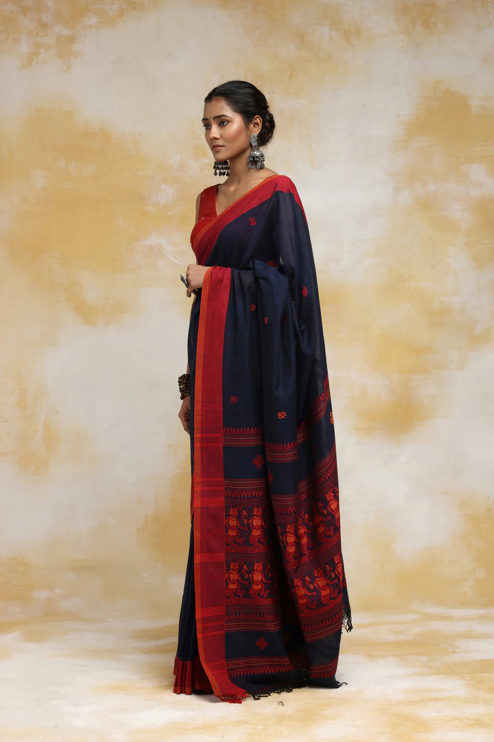 Handloom Navy Blue Soft Cotton Baluchuri Saree