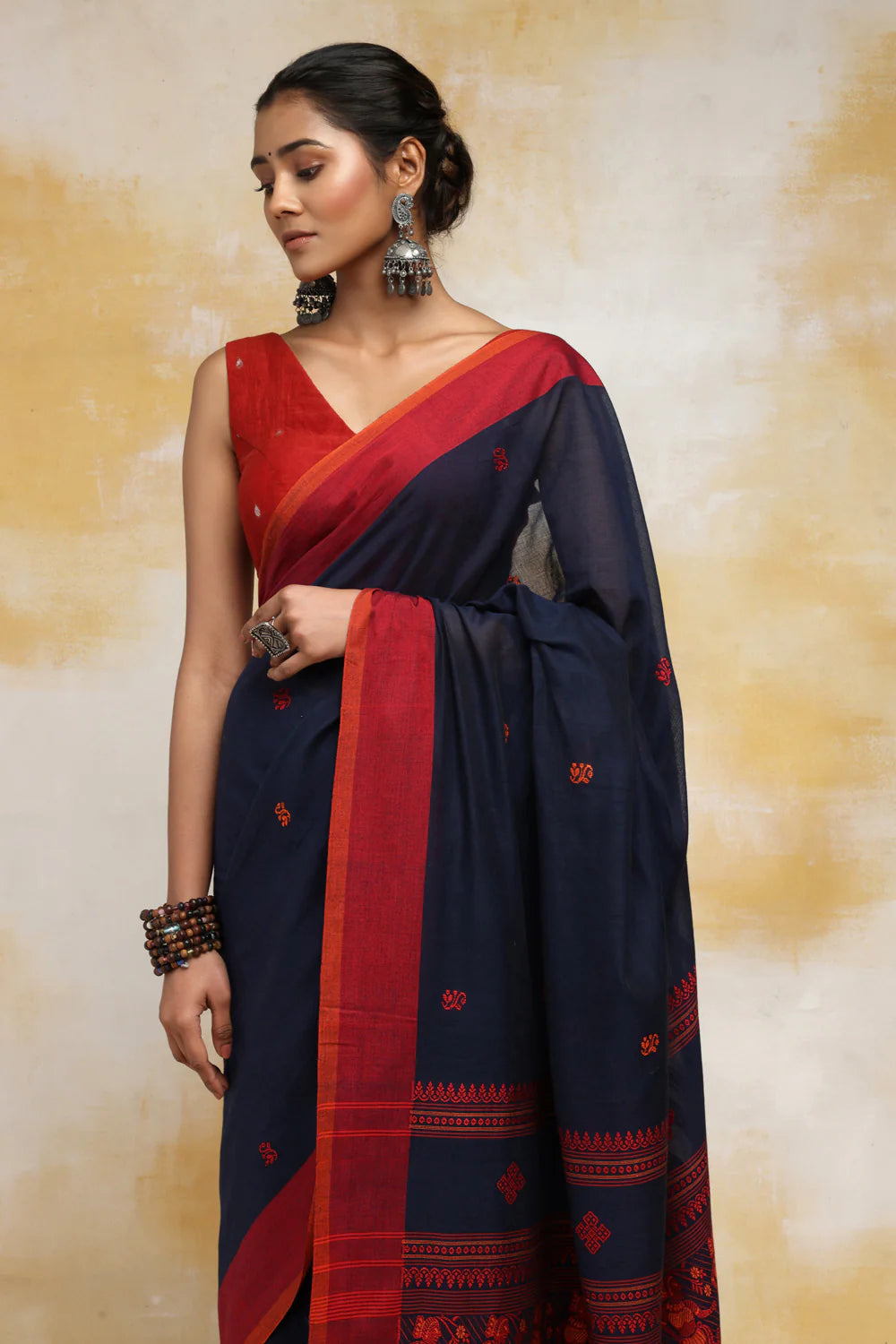 Handloom Navy Blue Soft Cotton Baluchuri Saree