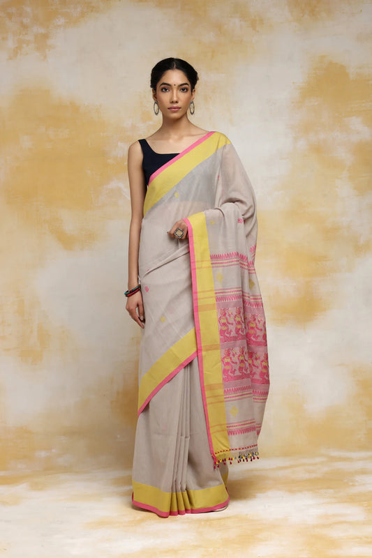 Handloom Grey Soft Cotton Baluchuri Saree