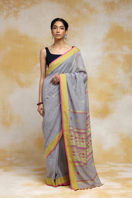 Handloom Dark Grey Blue Soft Cotton Baluchuri Saree