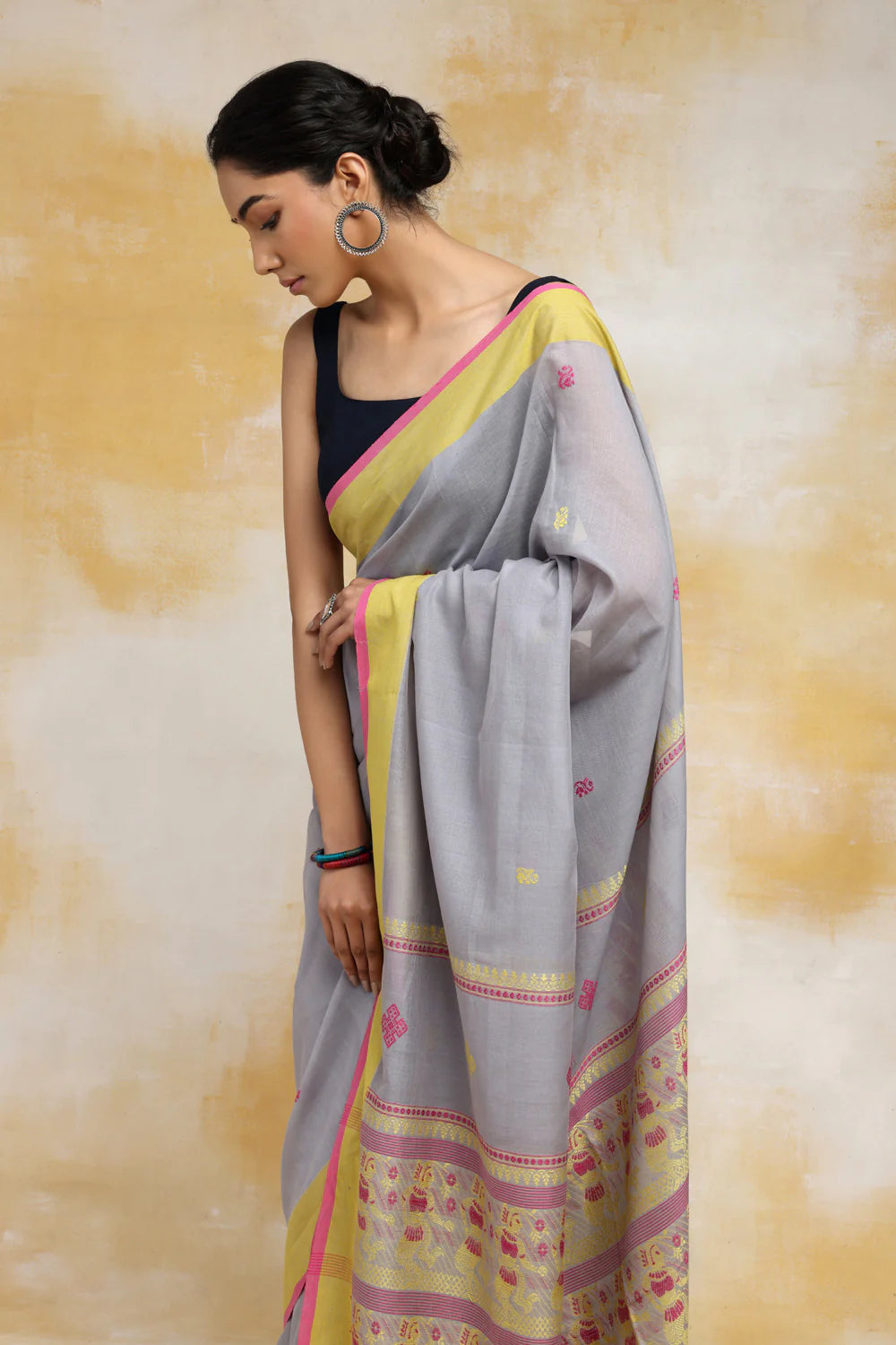 Handloom Dark Grey Blue Soft Cotton Baluchuri Saree