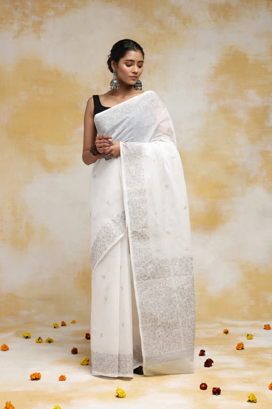 Handloom Off White Pure Cotton Kantha Saree