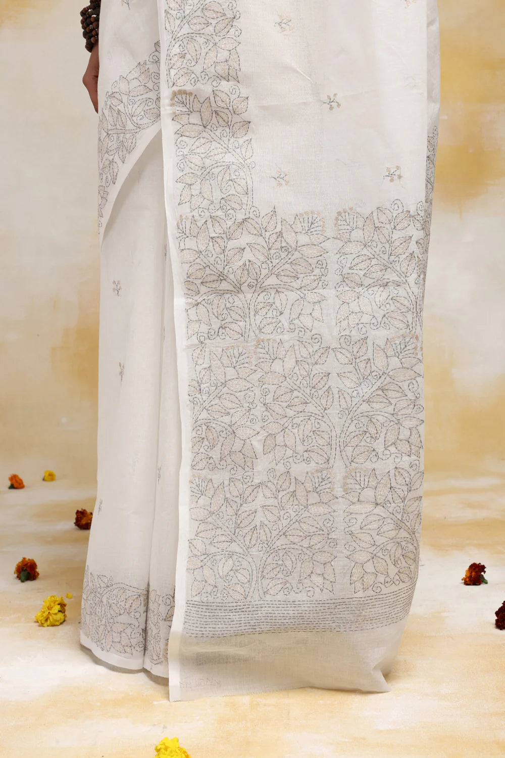 Handloom Off White Pure Cotton Kantha Saree