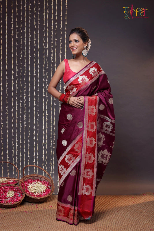 Wine and Red Pure Silk Banarasi Saree