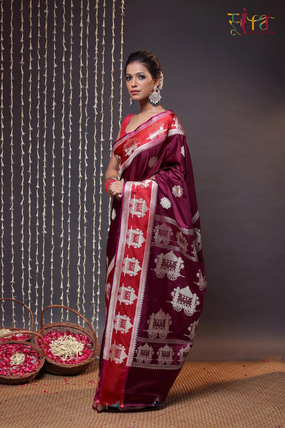 Wine and Red Pure Silk Banarasi Saree