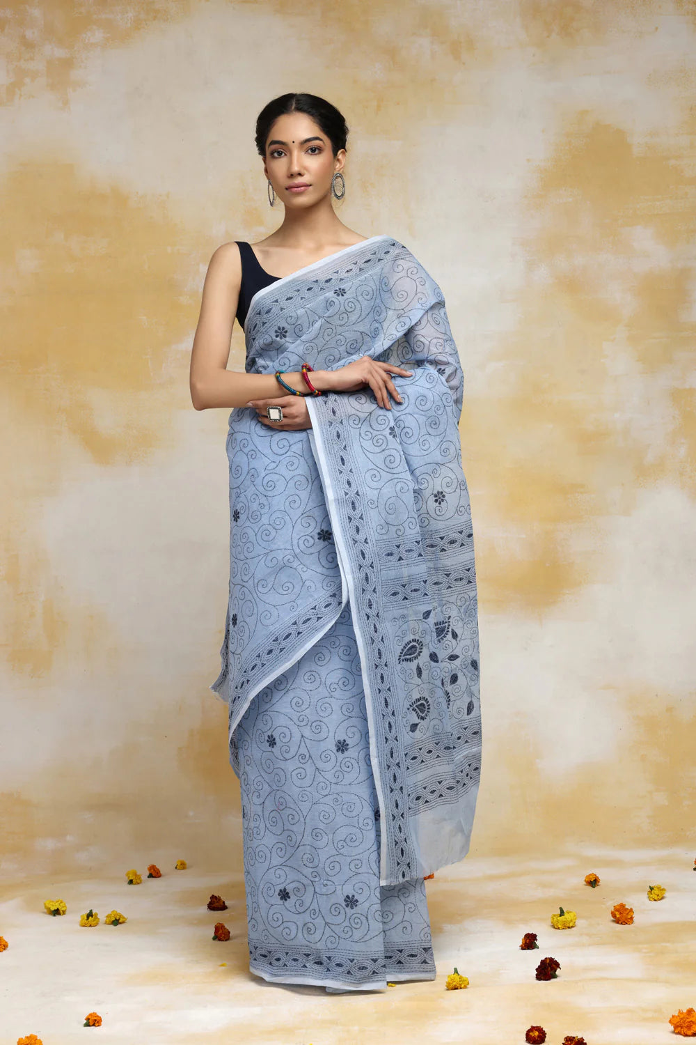 Handloom Sky Blue Pure Cotton Kantha Saree