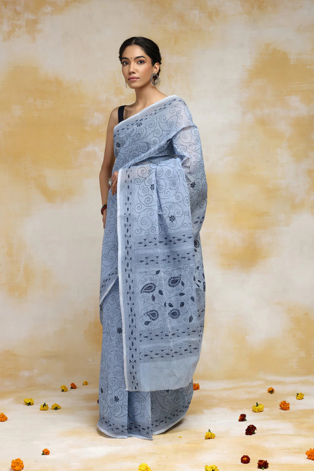 Handloom Sky Blue Pure Cotton Kantha Saree