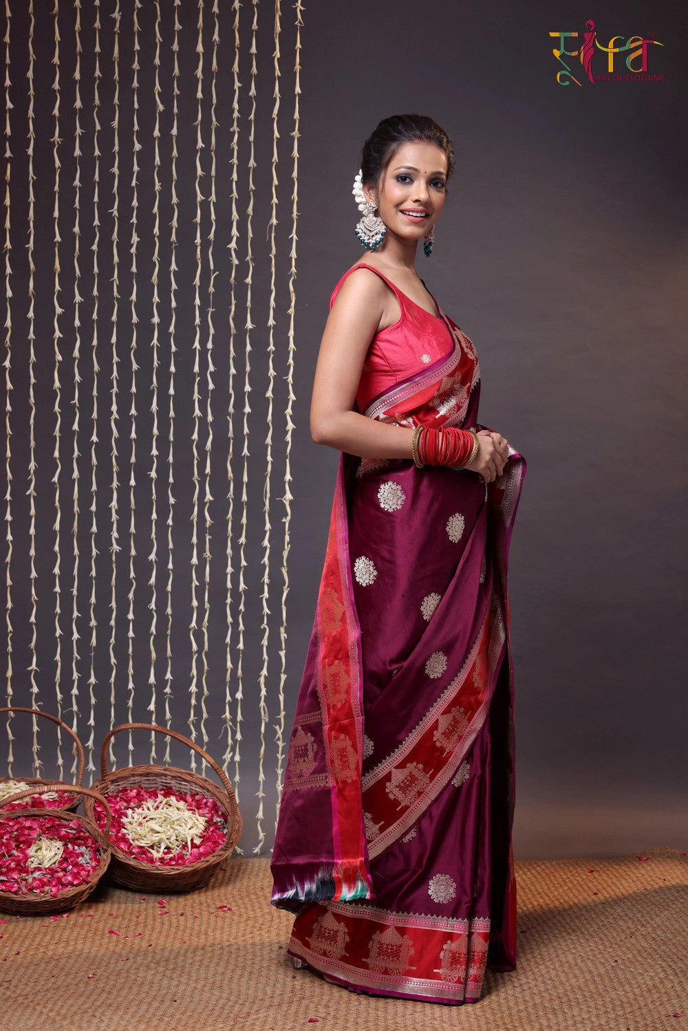 Wine and Red Pure Silk Banarasi Saree