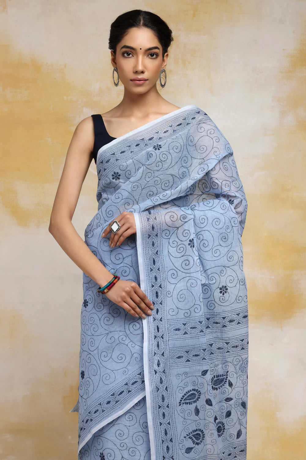 Handloom Sky Blue Pure Cotton Kantha Saree