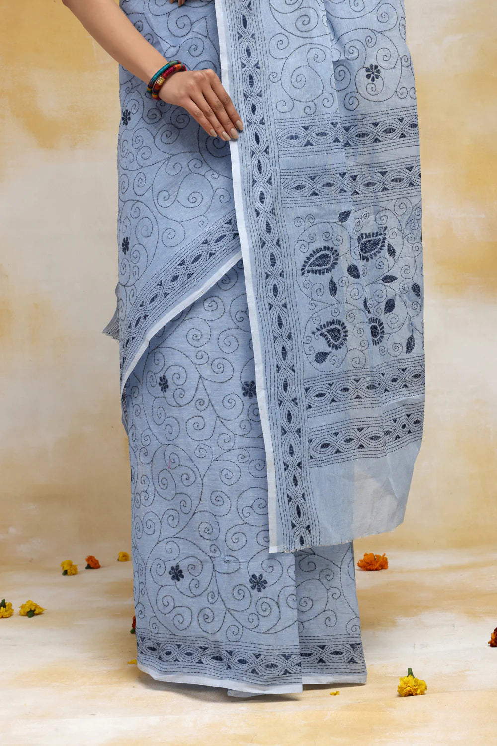 Handloom Sky Blue Pure Cotton Kantha Saree