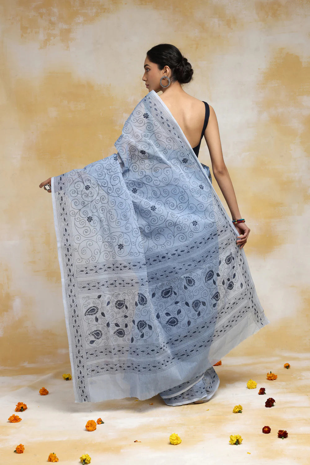 Handloom Sky Blue Pure Cotton Kantha Saree