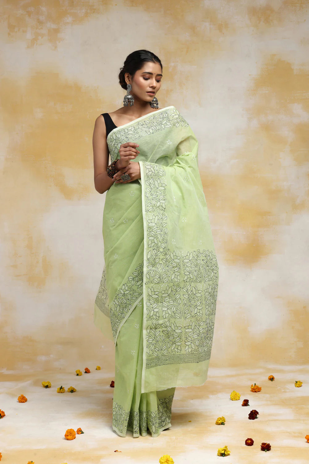 Handloom Lime Green Pure Cotton Kantha Saree