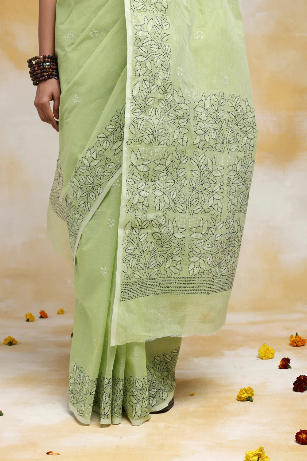 Handloom Lime Green Pure Cotton Kantha Saree