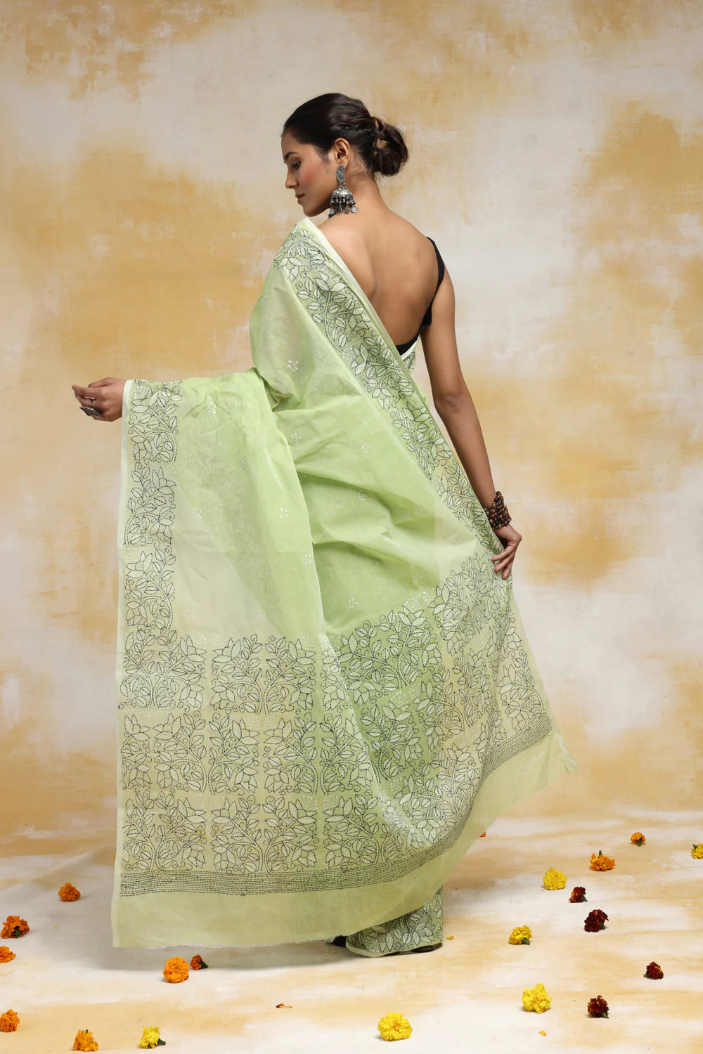 Handloom Lime Green Pure Cotton Kantha Saree