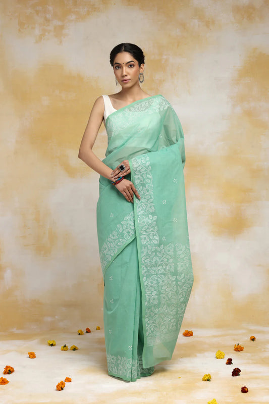 Handloom Tea Green Pure Cotton Kantha Saree