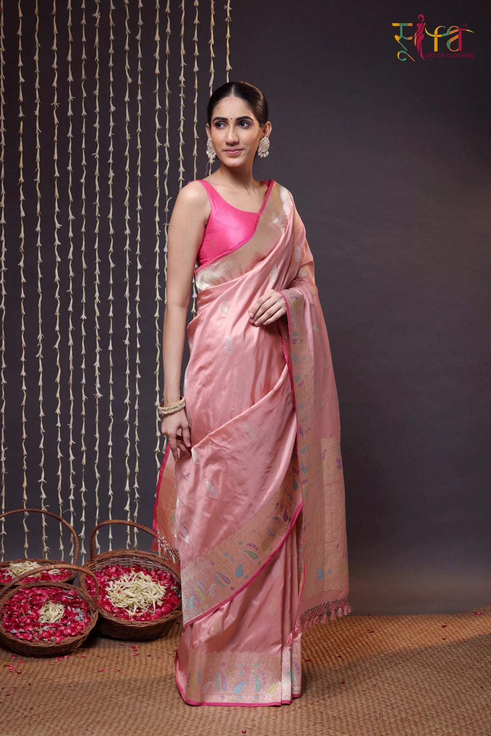 Pastel Pink Pure Silk Banarasi Saree With Kadhwa Boder And Pallu