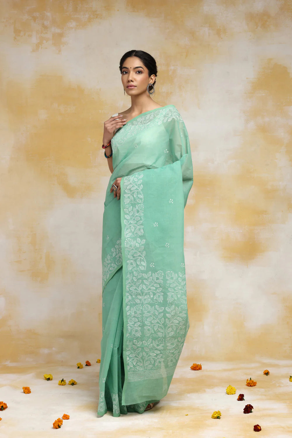 Handloom Tea Green Pure Cotton Kantha Saree