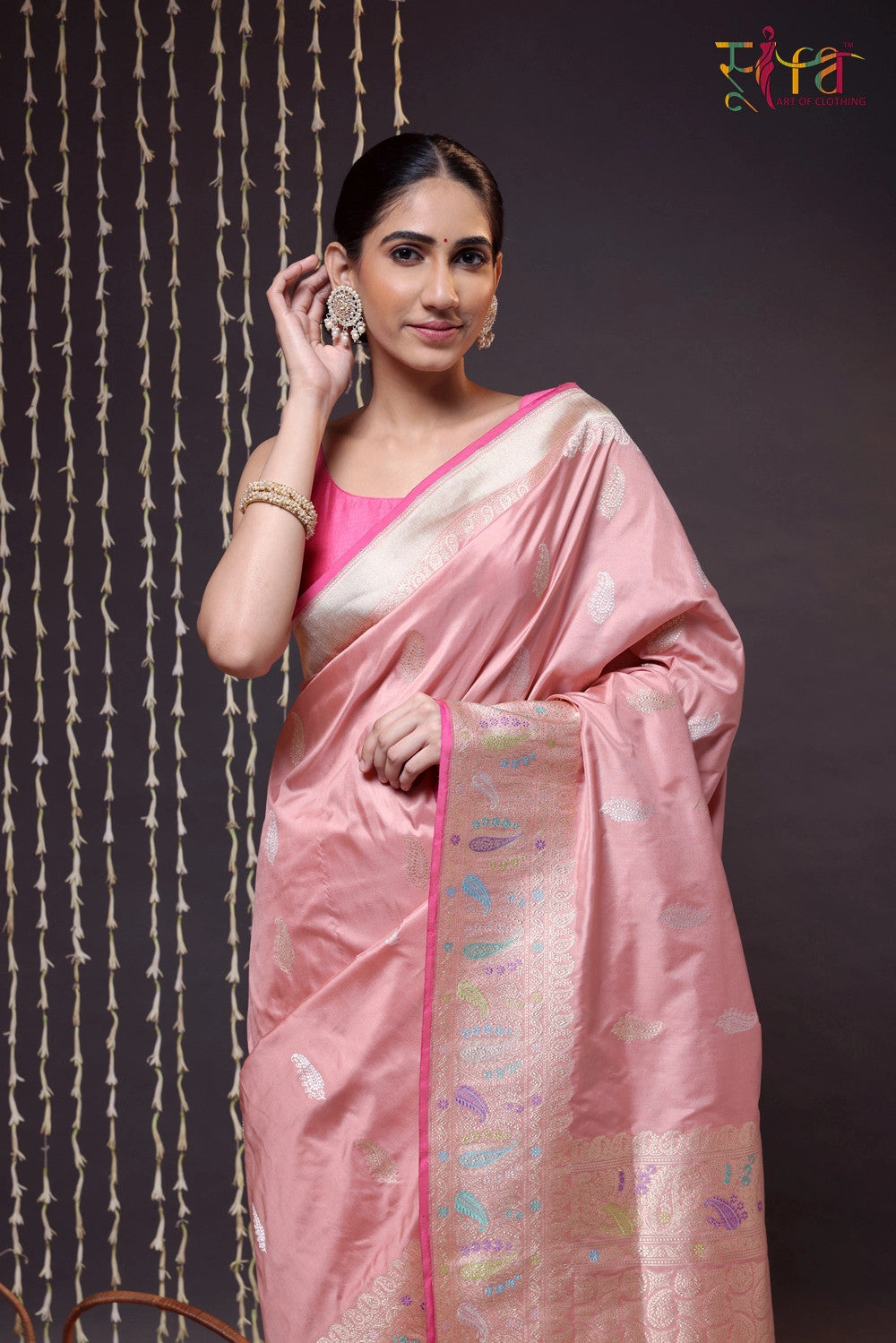 Pastel Pink Pure Silk Banarasi Saree With Kadhwa Boder And Pallu