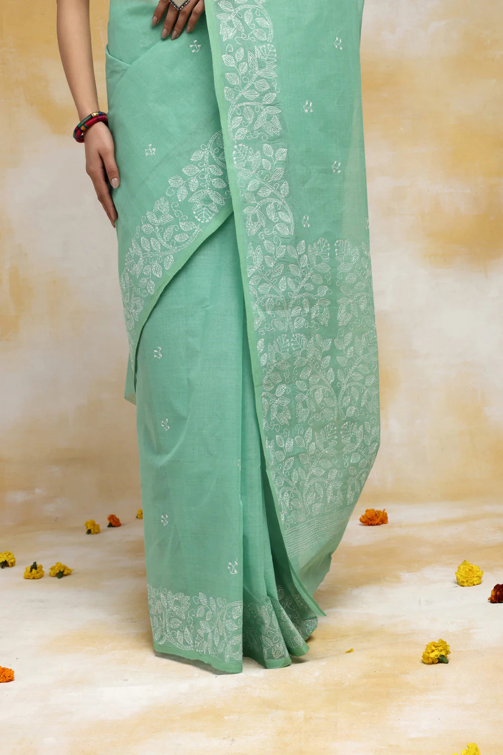 Handloom Tea Green Pure Cotton Kantha Saree