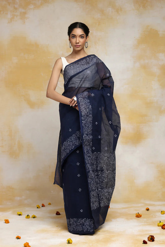 Handloom Navy Blue Pure Cotton Kantha Saree