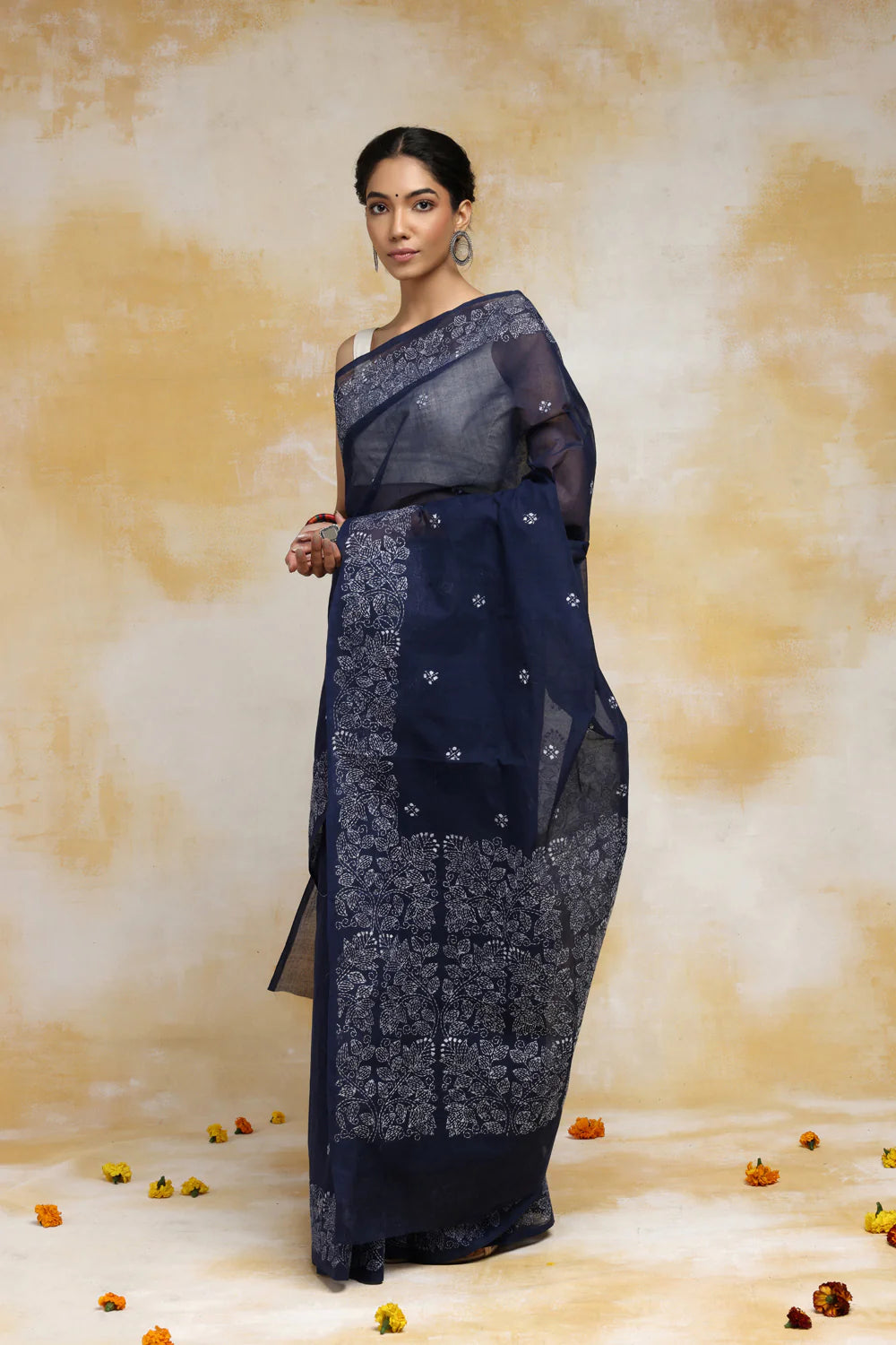 Handloom Navy Blue Pure Cotton Kantha Saree