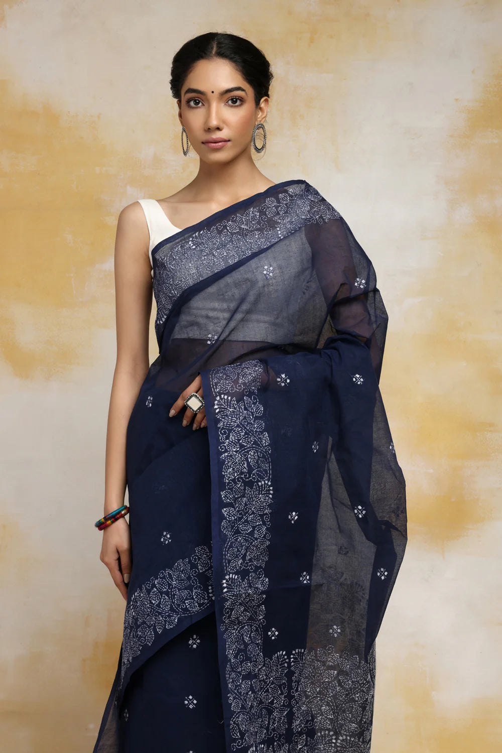 Handloom Navy Blue Pure Cotton Kantha Saree