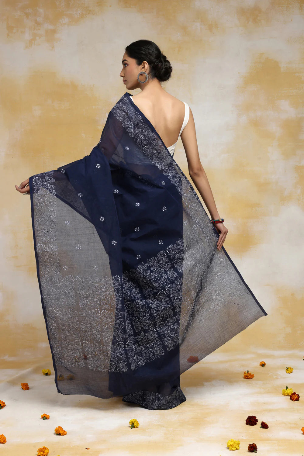 Handloom Navy Blue Pure Cotton Kantha Saree