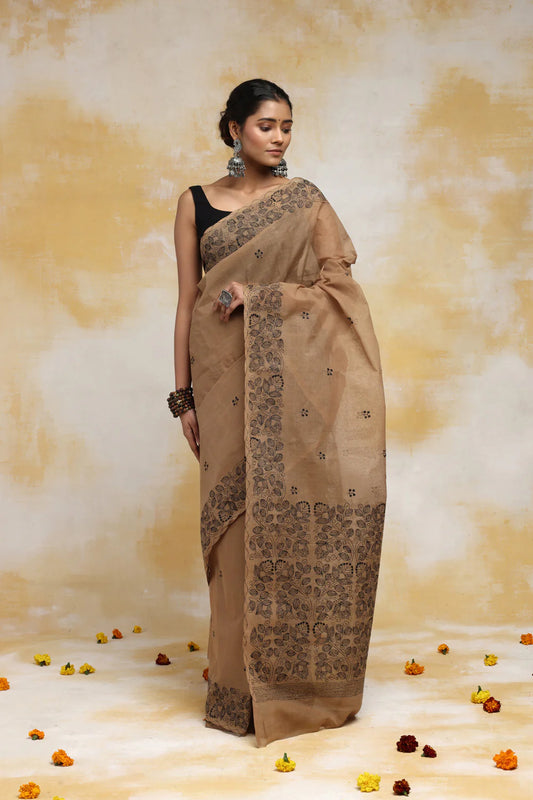 Handloom Cinnamon Brown Pure Cotton Kantha Saree