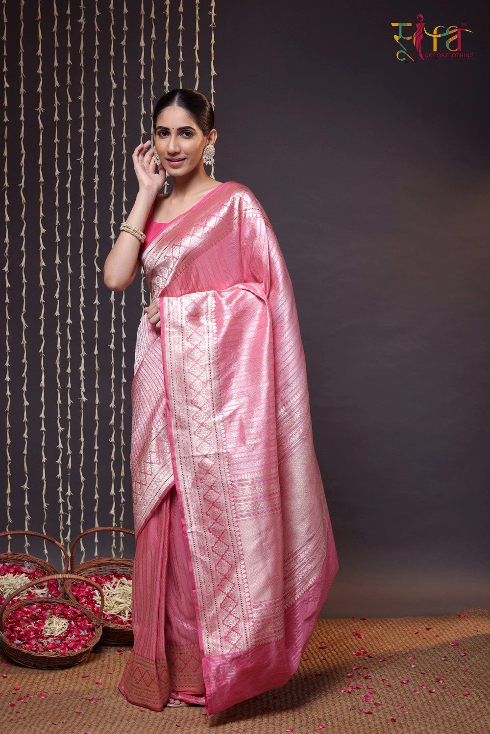 Handloom Pink Pure Silk Brocade Banarasi Saree