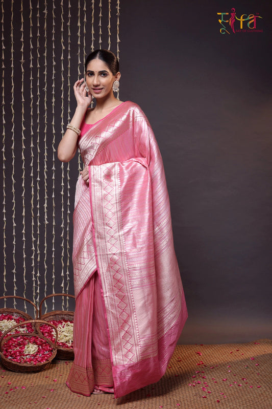 Handloom Pink Pure Silk Brocade Banarasi Saree