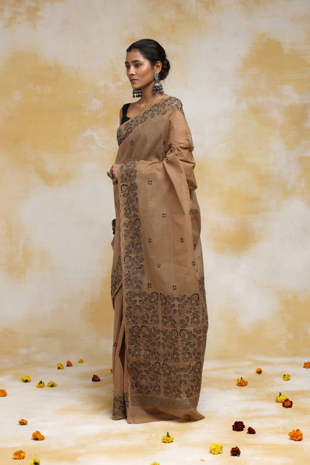 Handloom Cinnamon Brown Pure Cotton Kantha Saree