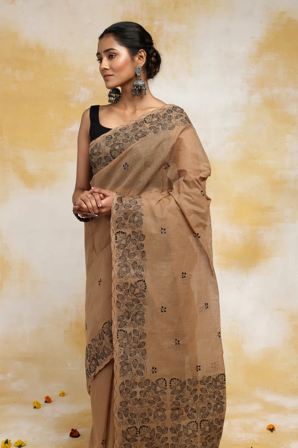 Handloom Cinnamon Brown Pure Cotton Kantha Saree