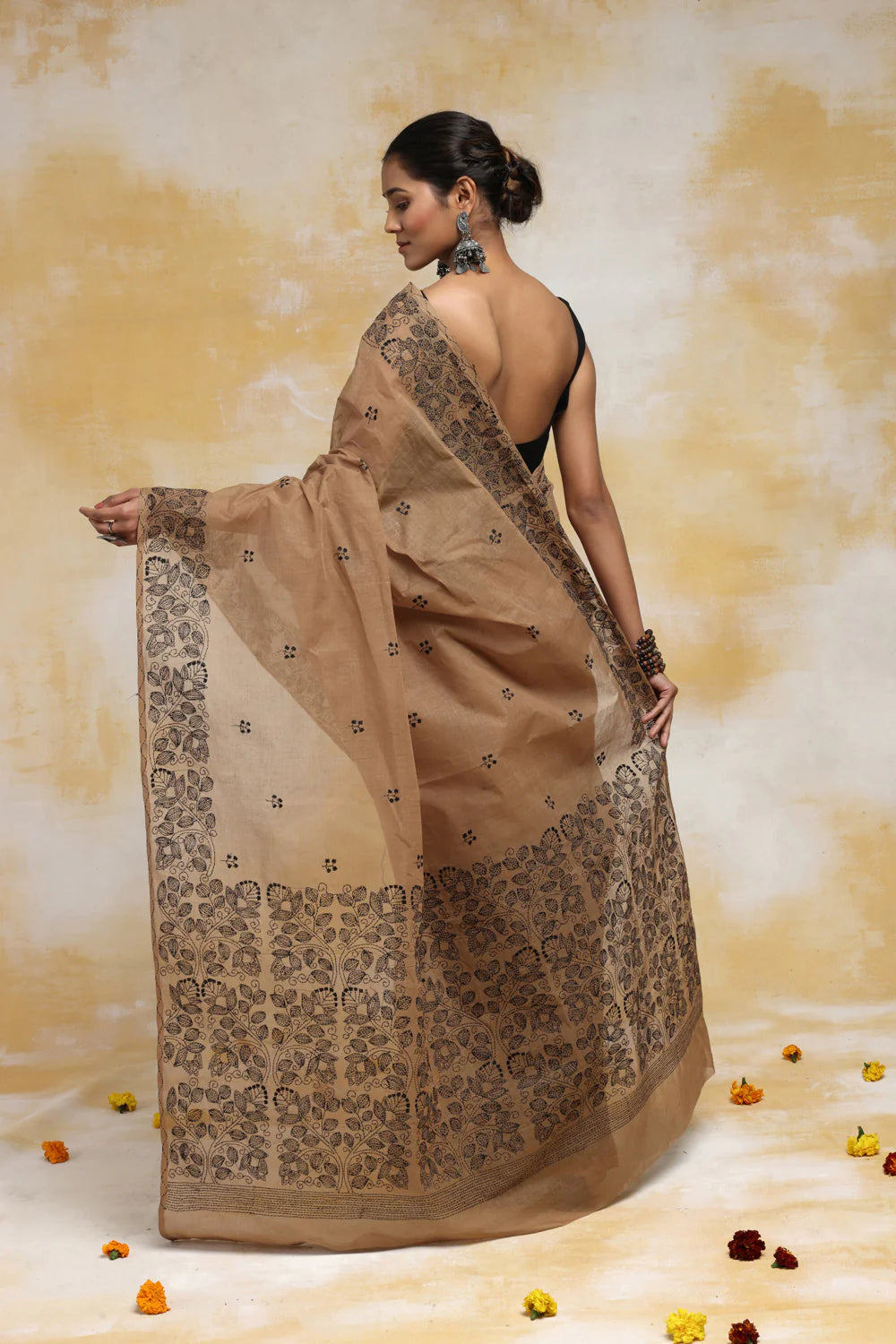 Handloom Cinnamon Brown Pure Cotton Kantha Saree