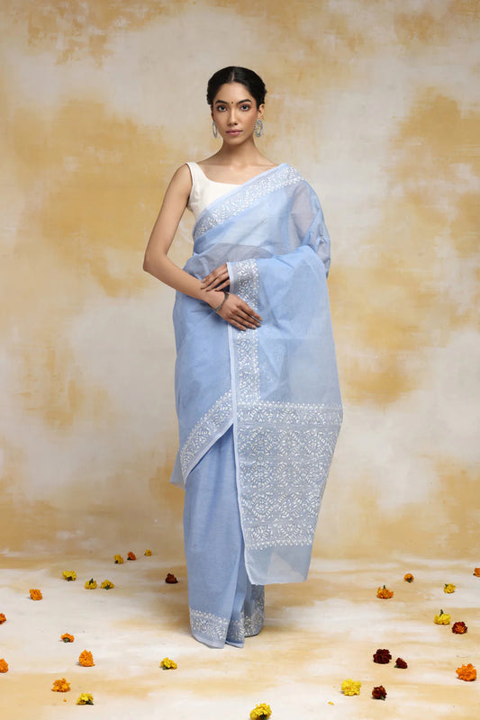 Handloom Baby Blue Pure Cotton Kantha Saree